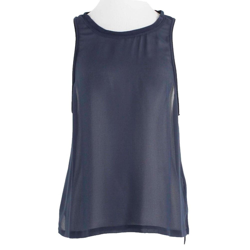 David Lerner $115 Sz XS Navy Blue Sheer Hi Lo Split Sides Top